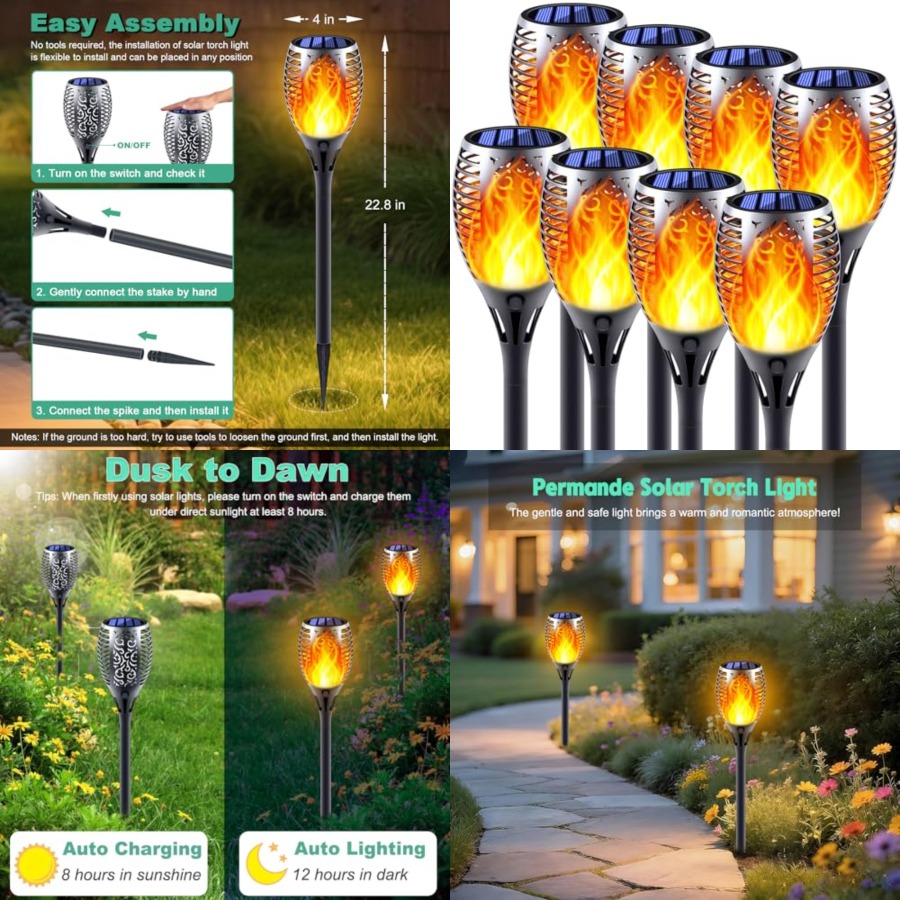 Solar Torch Lights with Flicke - Fire Torch Solar 评论和价格